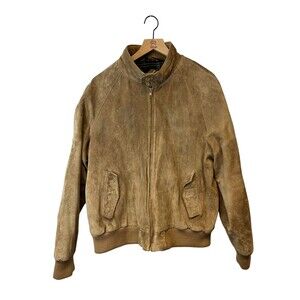 Men's Vintage Crew Tan Pig Suede Leather Plaid Lined Bomber Jacket Size 46